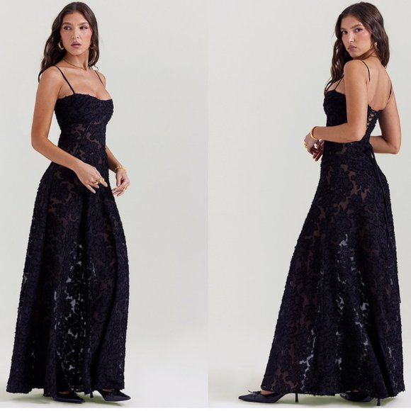 House of CB ‘Seren’ Black Floral Lace Back Maxi Dress NWT - Picture 3 of 12